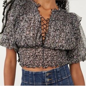Free People Beatrice Mesh Blouse Top Floral Printed Ruffle
Smocked Sz L